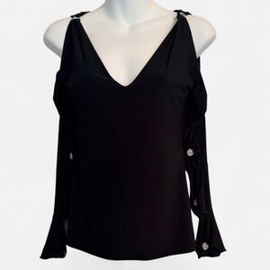 Dance America Women’s Black Cold-Shoulder V-Neck Knit Top, Rhinestone, Sz M